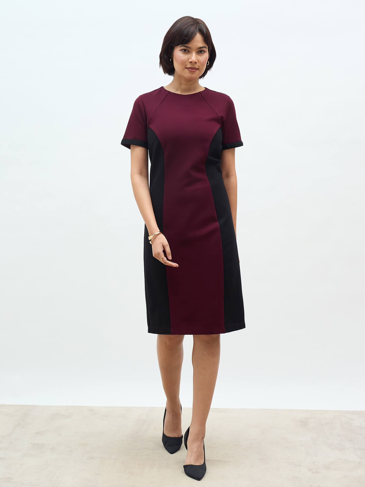 Aven Panelled Dress-Wine &amp; Black