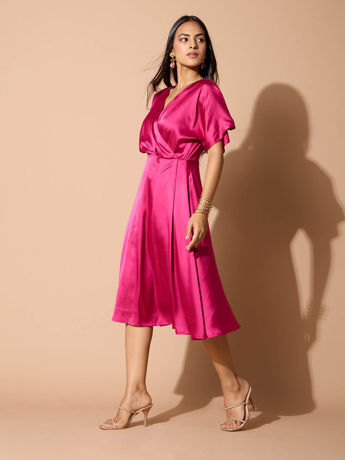 Seriva Faux Wrap Midi Dress-Hot Pink
