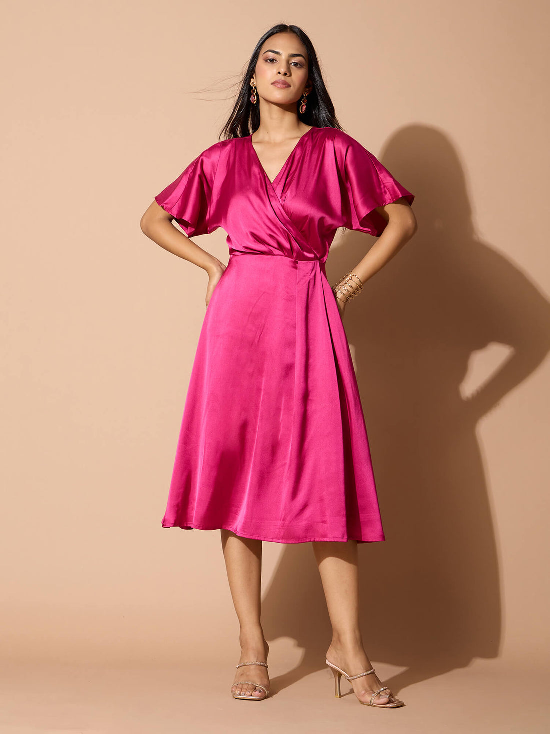 Seriva Faux Wrap Midi Dress-Hot Pink