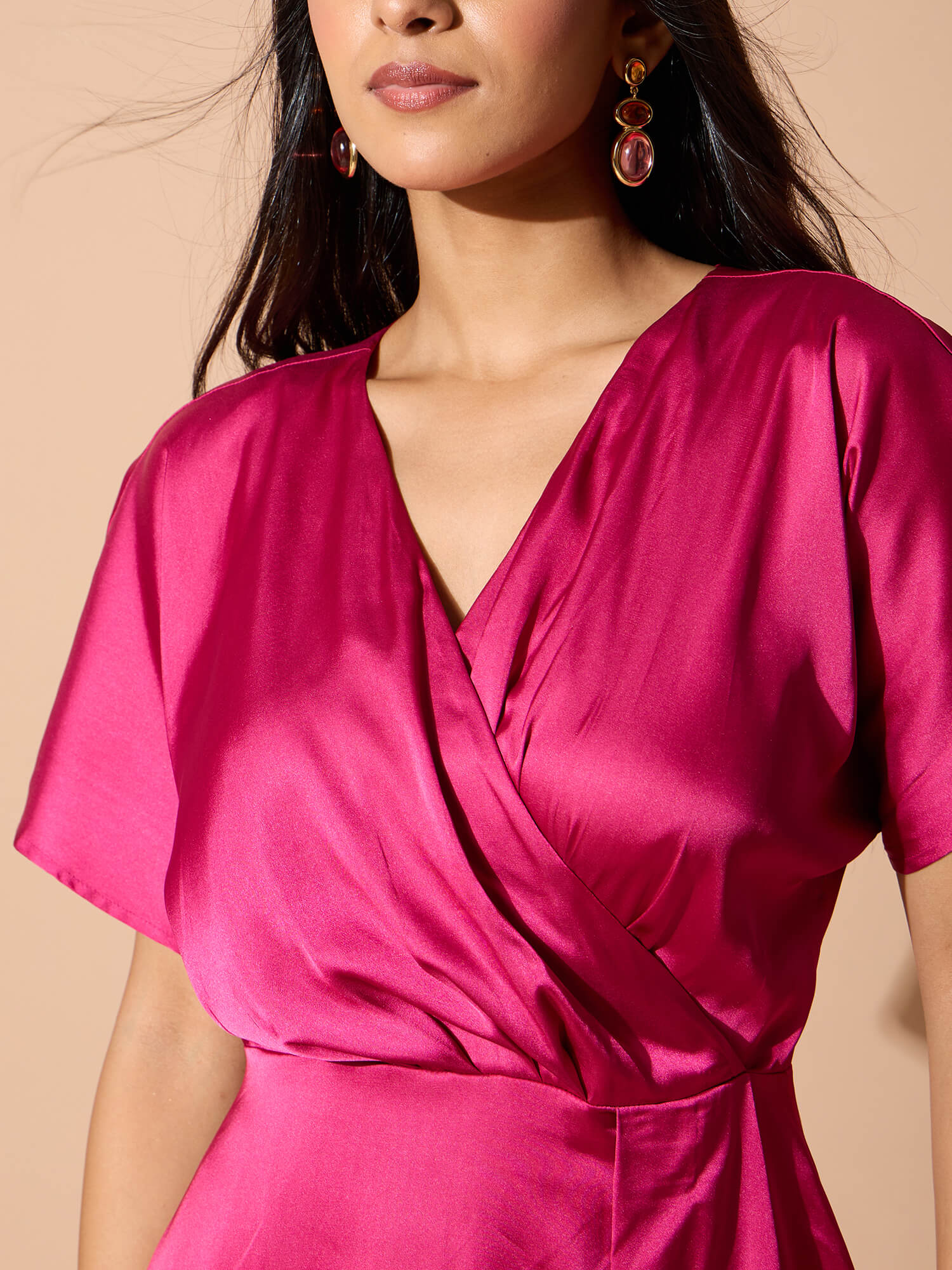 Seriva Faux Wrap Midi Dress-Hot Pink
