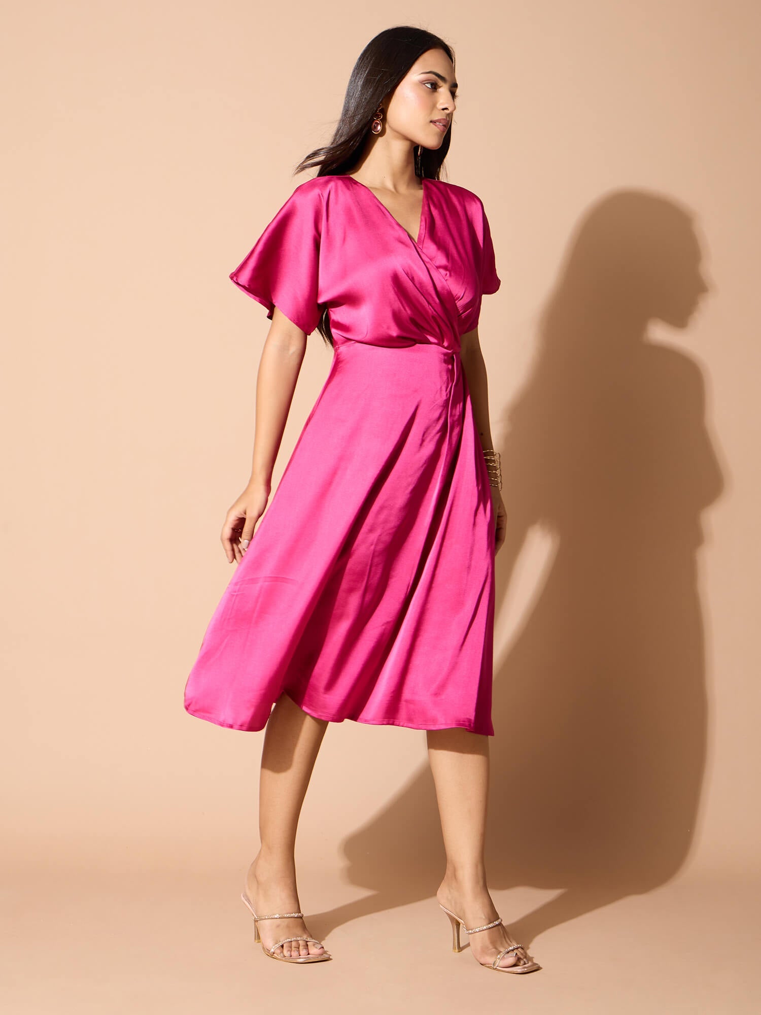 Seriva Faux Wrap Midi Dress-Hot Pink