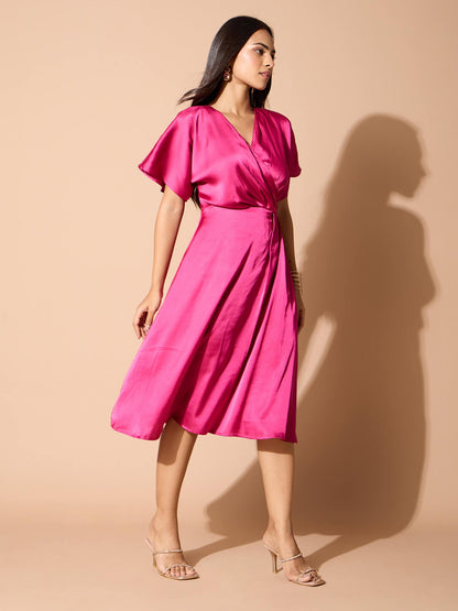 Seriva Faux Wrap Midi Dress-Hot Pink