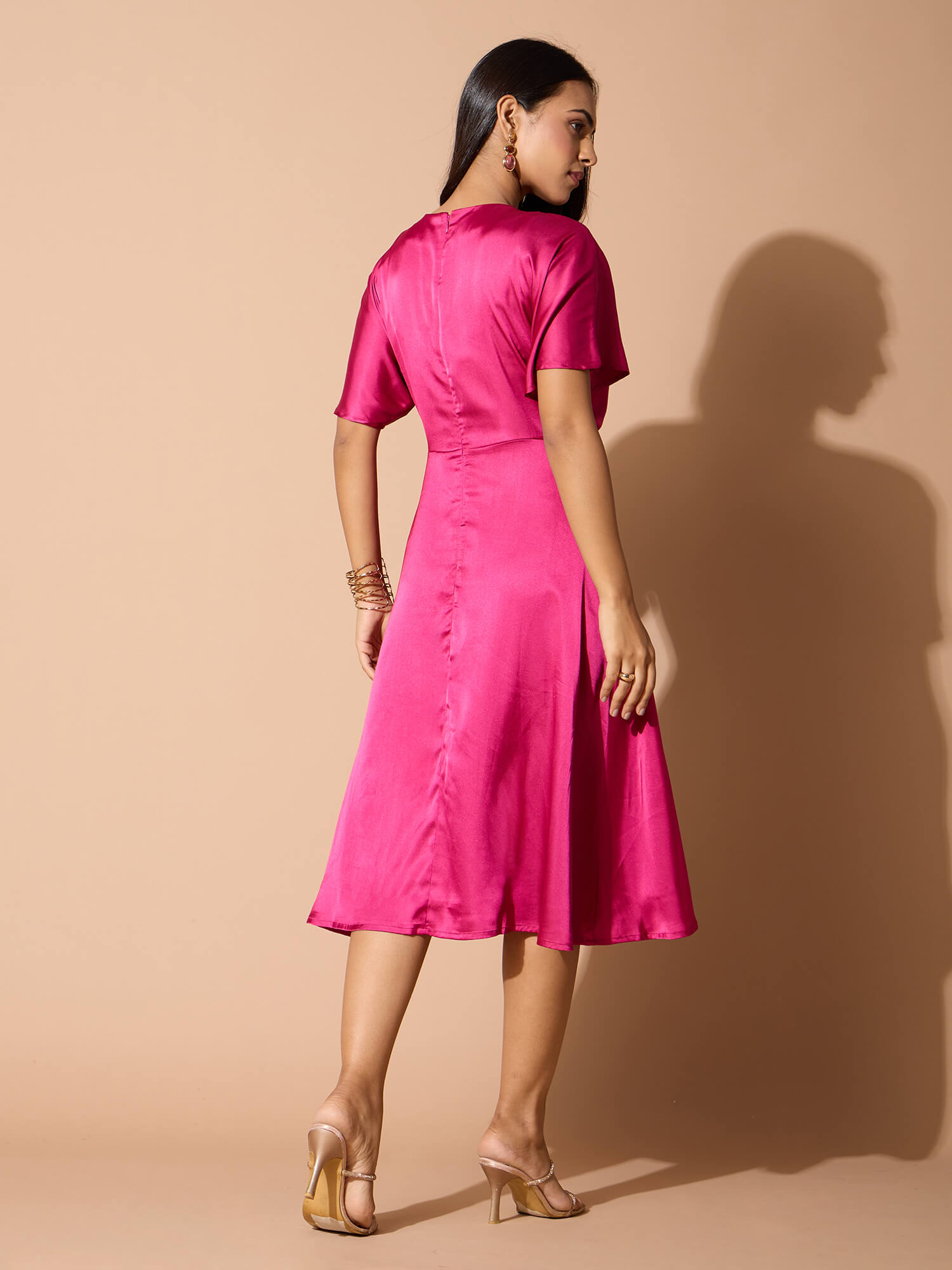 Seriva Faux Wrap Midi Dress-Hot Pink