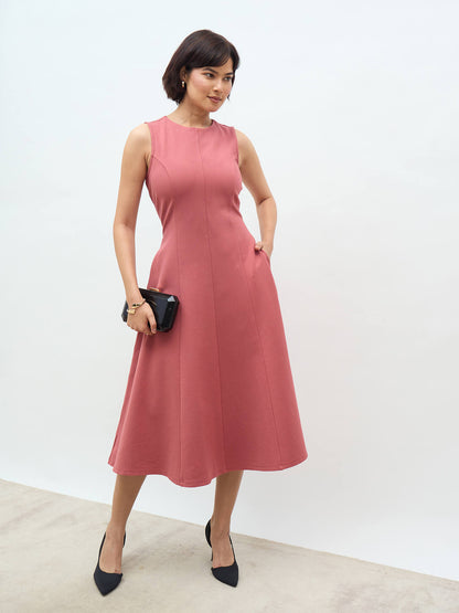 Moondel Panelled Detail Fit and Flare Dress-Rose Tan