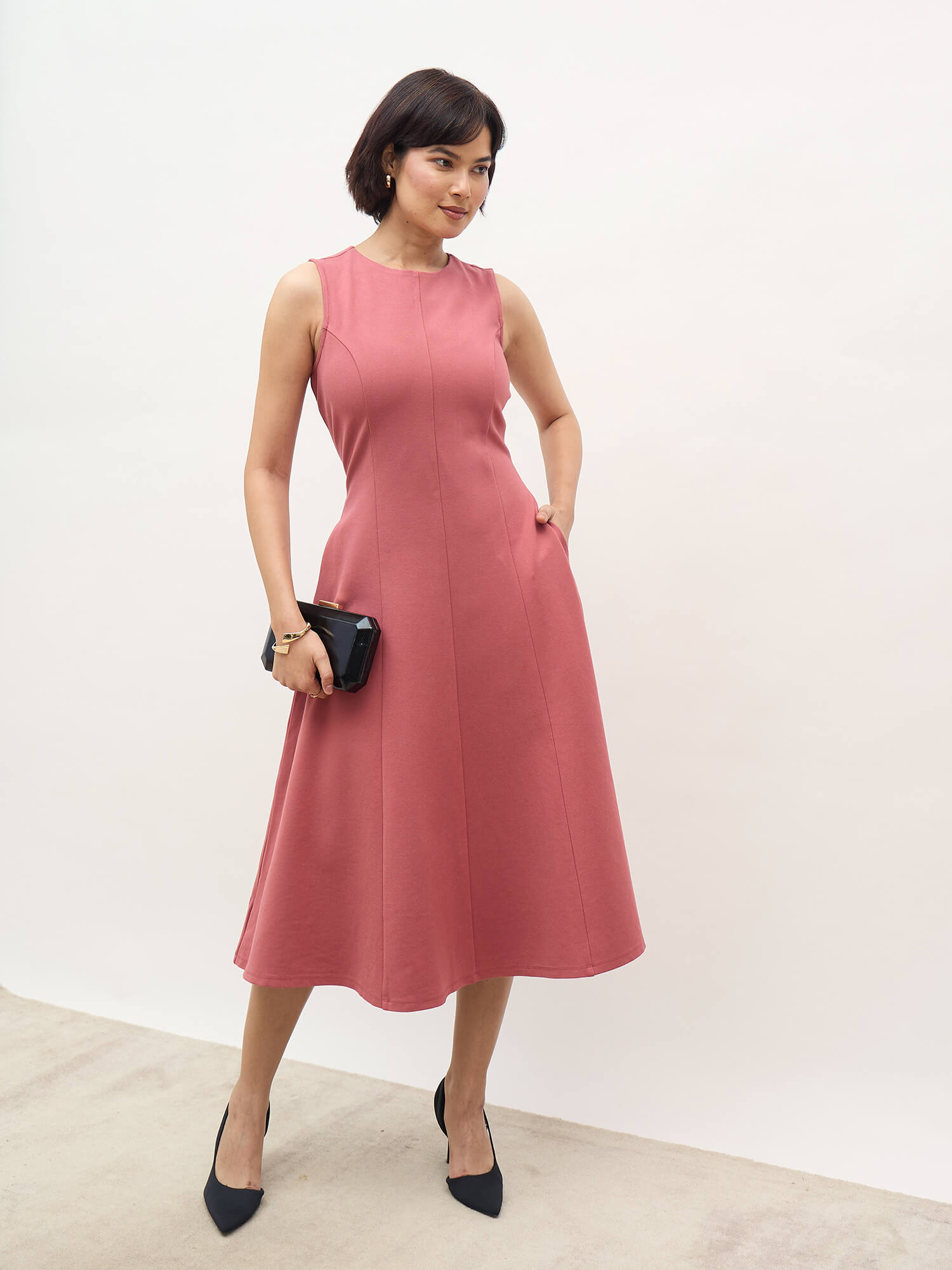 Moondel Panelled Detail Fit and Flare Dress-Rose Tan