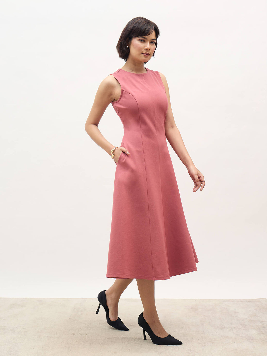 Moondel Panelled Detail Fit and Flare Dress-Rose Tan