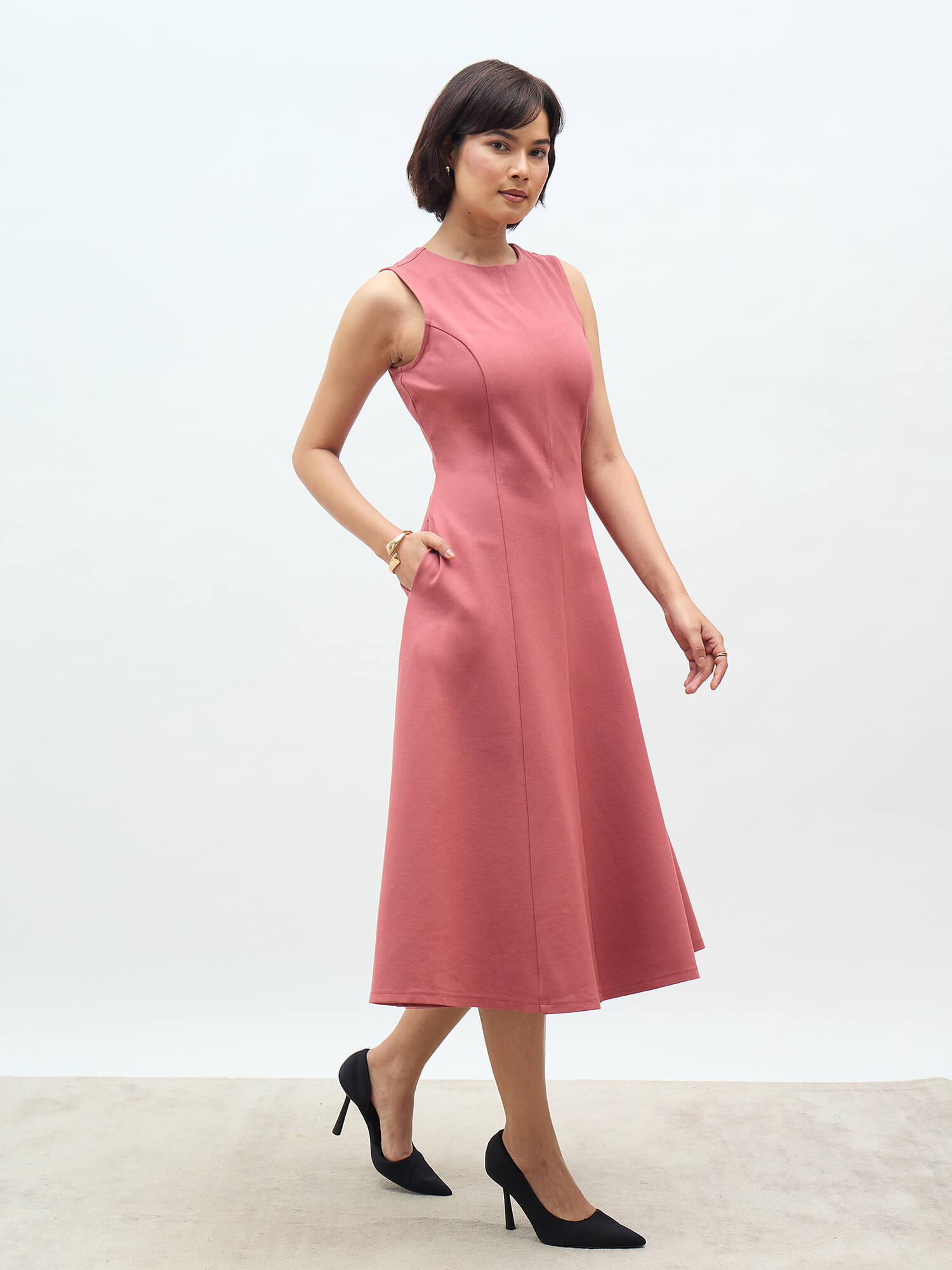Moondel Panelled Detail Fit and Flare Dress-Rose Tan