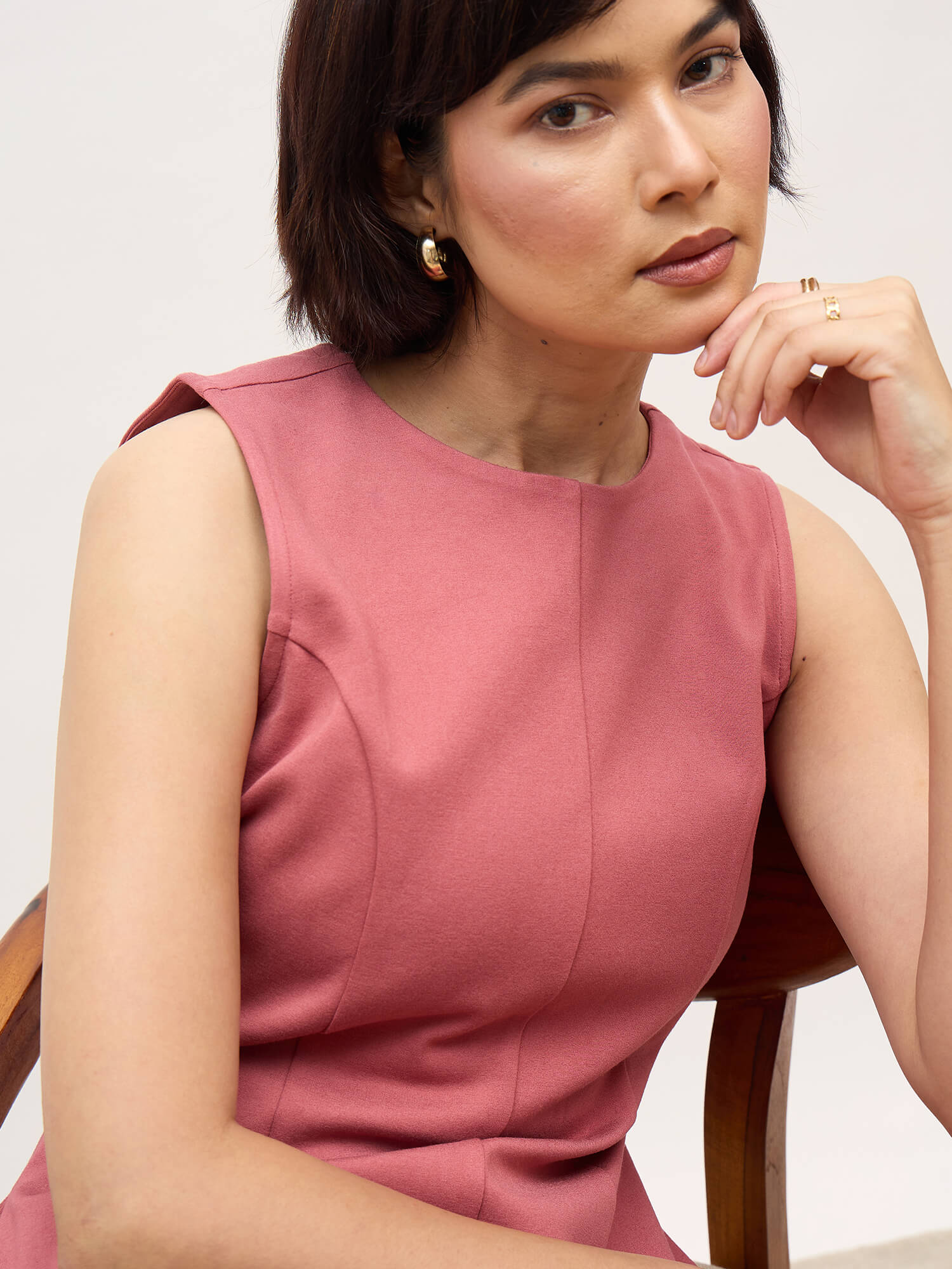 Moondel Panelled Detail Fit and Flare Dress-Rose Tan