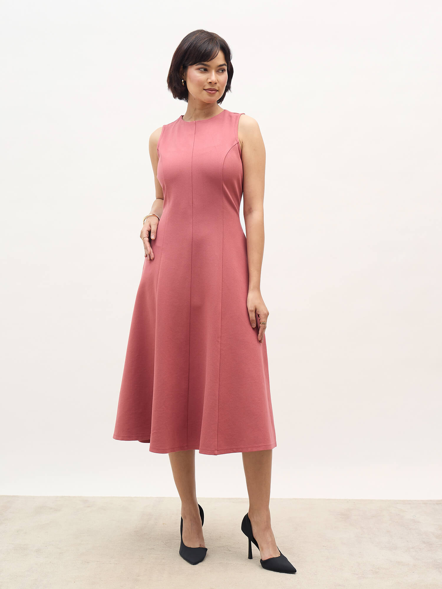 Moondel Panelled Detail Fit and Flare Dress-Rose Tan