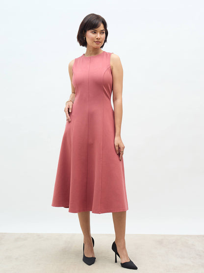 Moondel Panelled Detail Fit and Flare Dress-Rose Tan