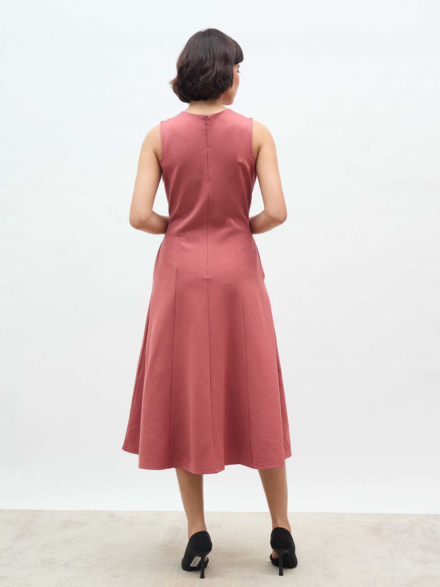 Moondel Panelled Detail Fit and Flare Dress-Rose Tan