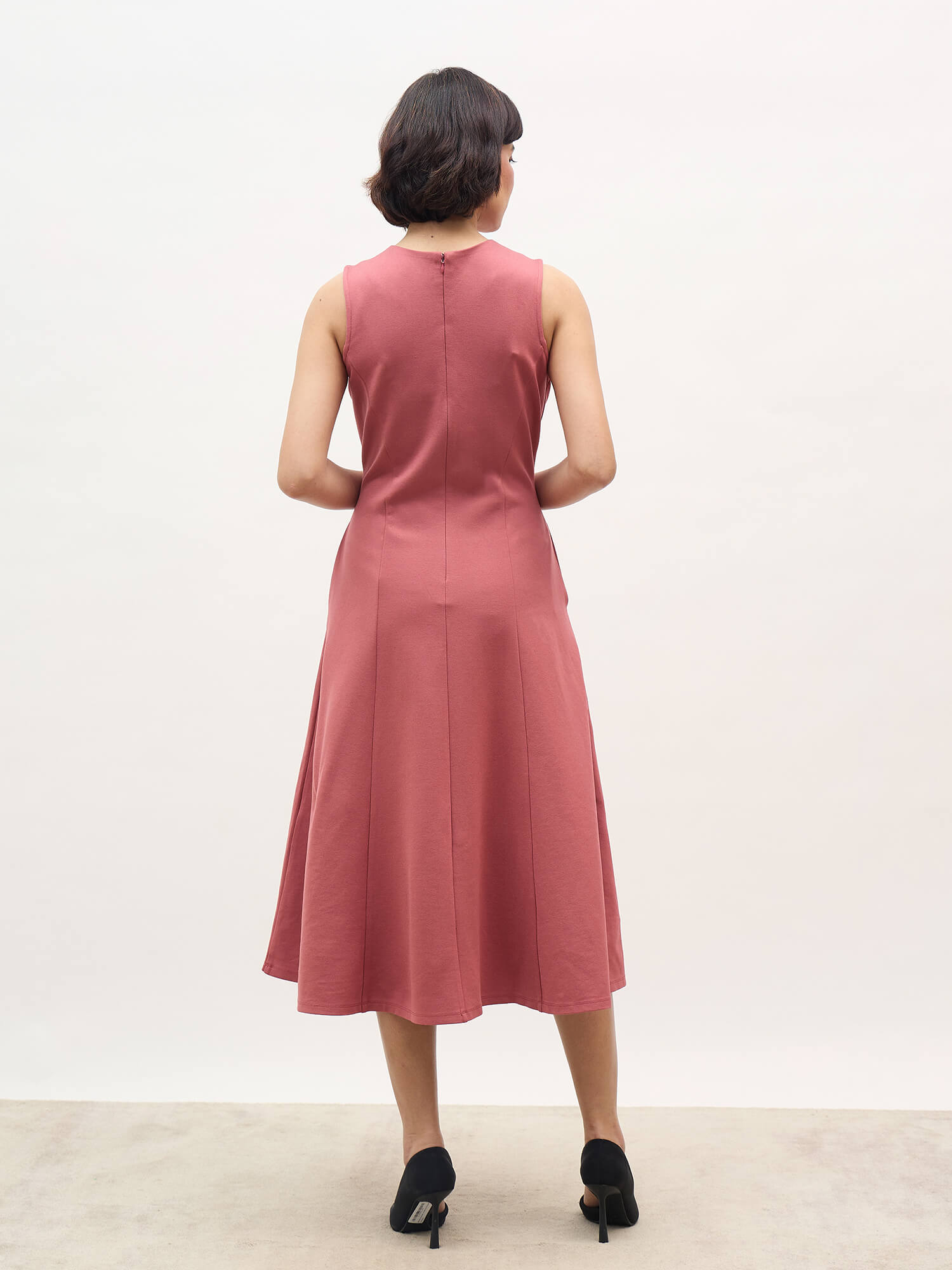 Moondel Panelled Detail Fit and Flare Dress-Rose Tan