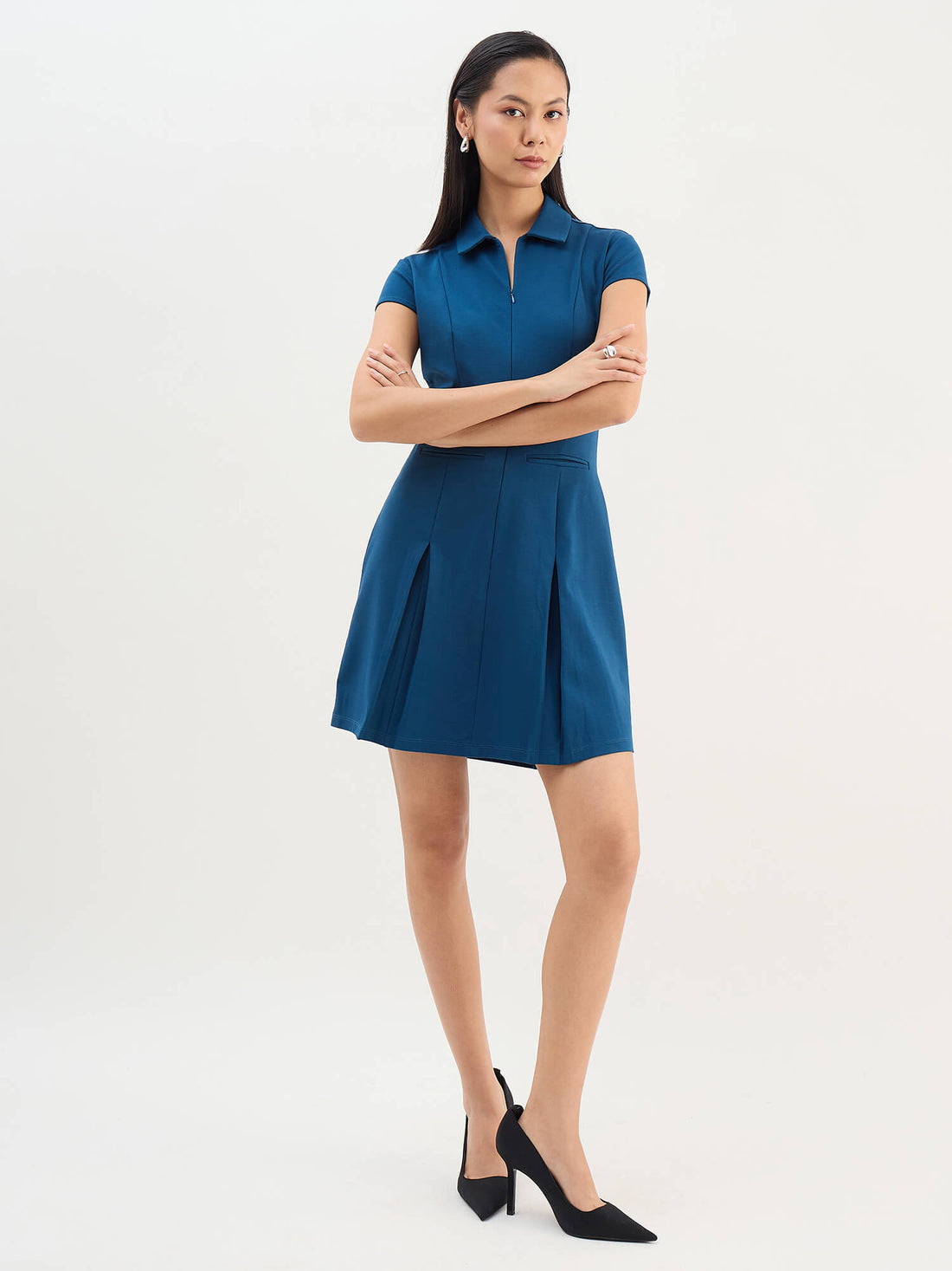 Zenya Collared Pleated Dress-Teal