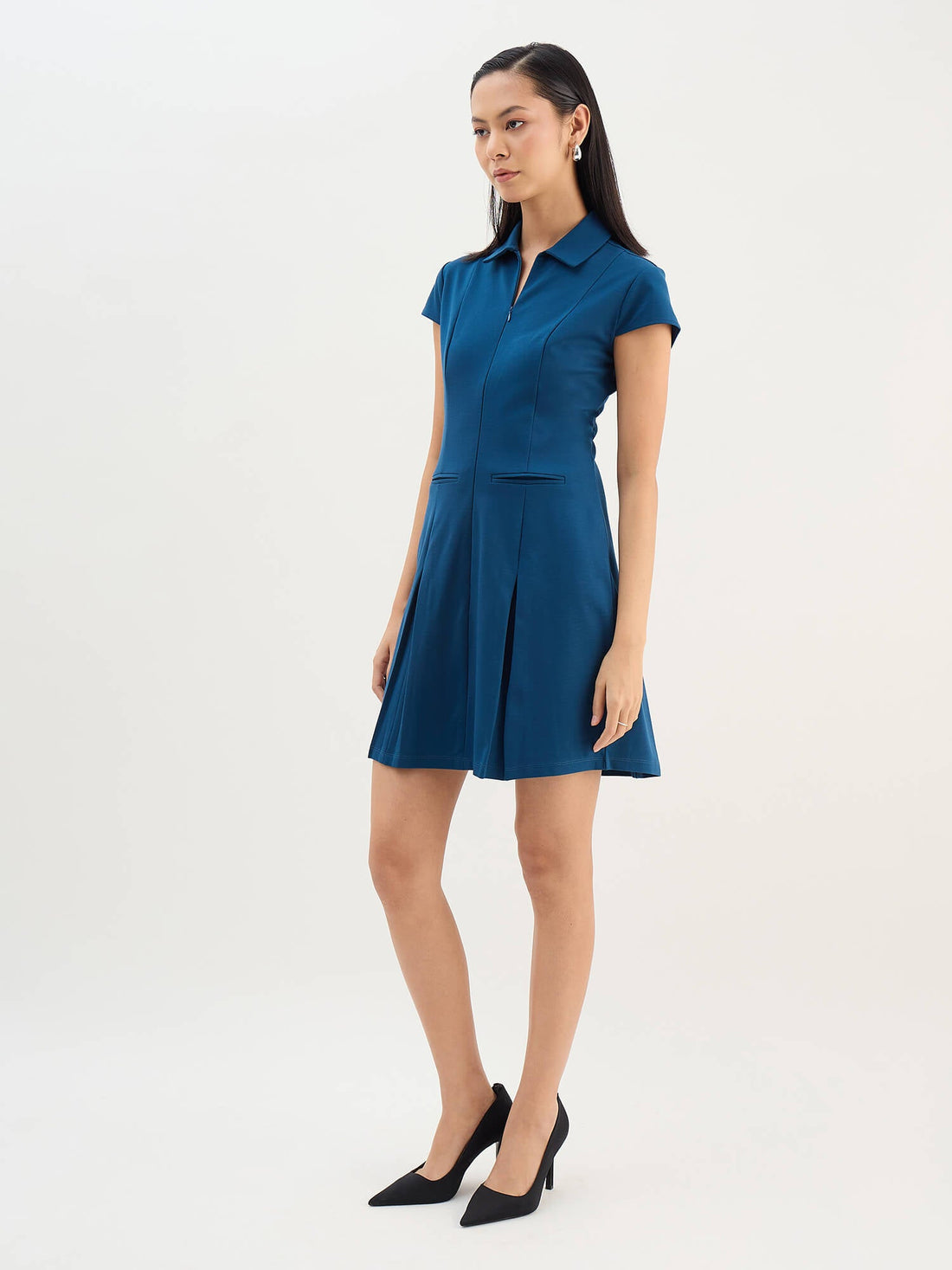 Zenya Collared Pleated Dress-Teal