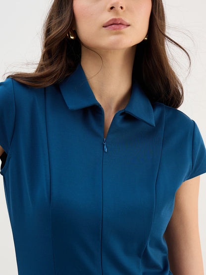 Zenya Collared Pleated Dress-Teal