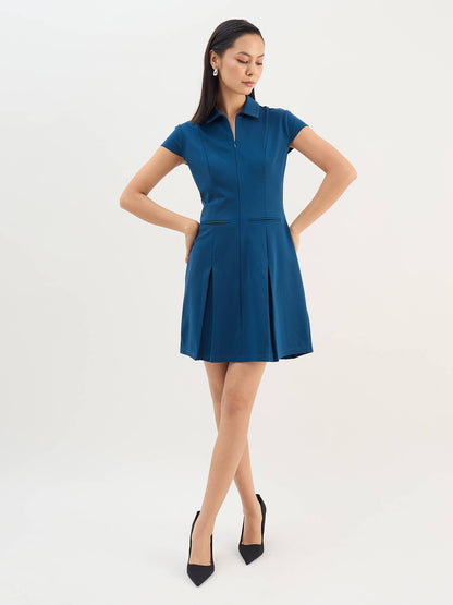 Zenya Collared Pleated Dress-Teal