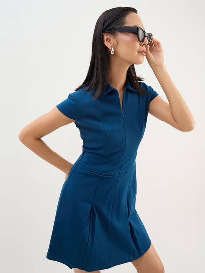 Zenya Collared Pleated Dress-Teal