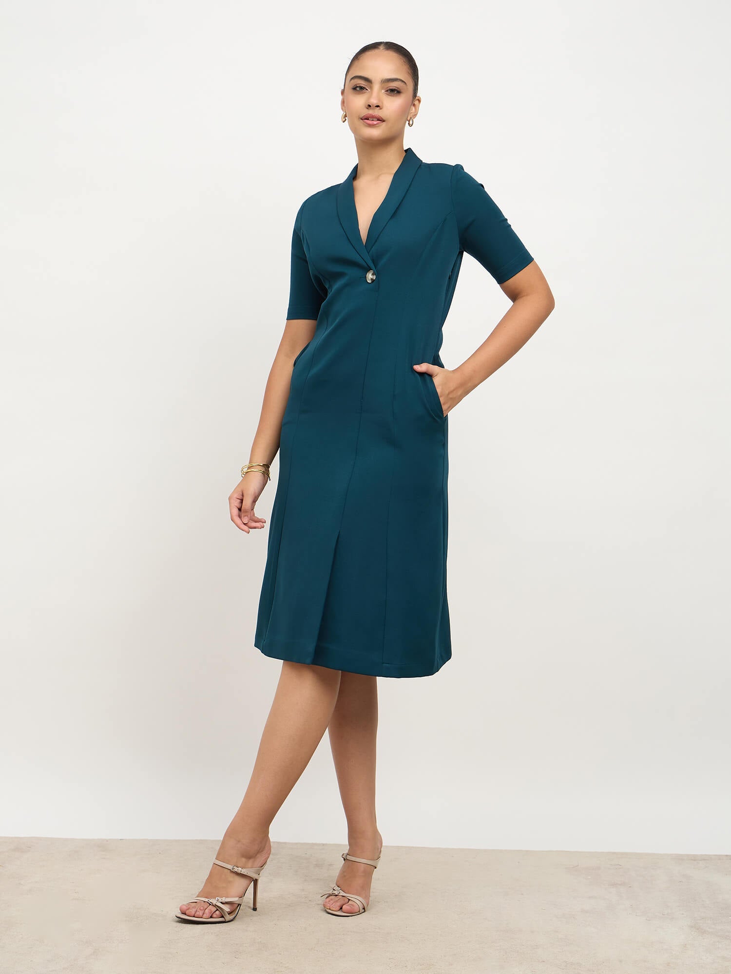 Stalwart Shawl Collared Dress-Teal