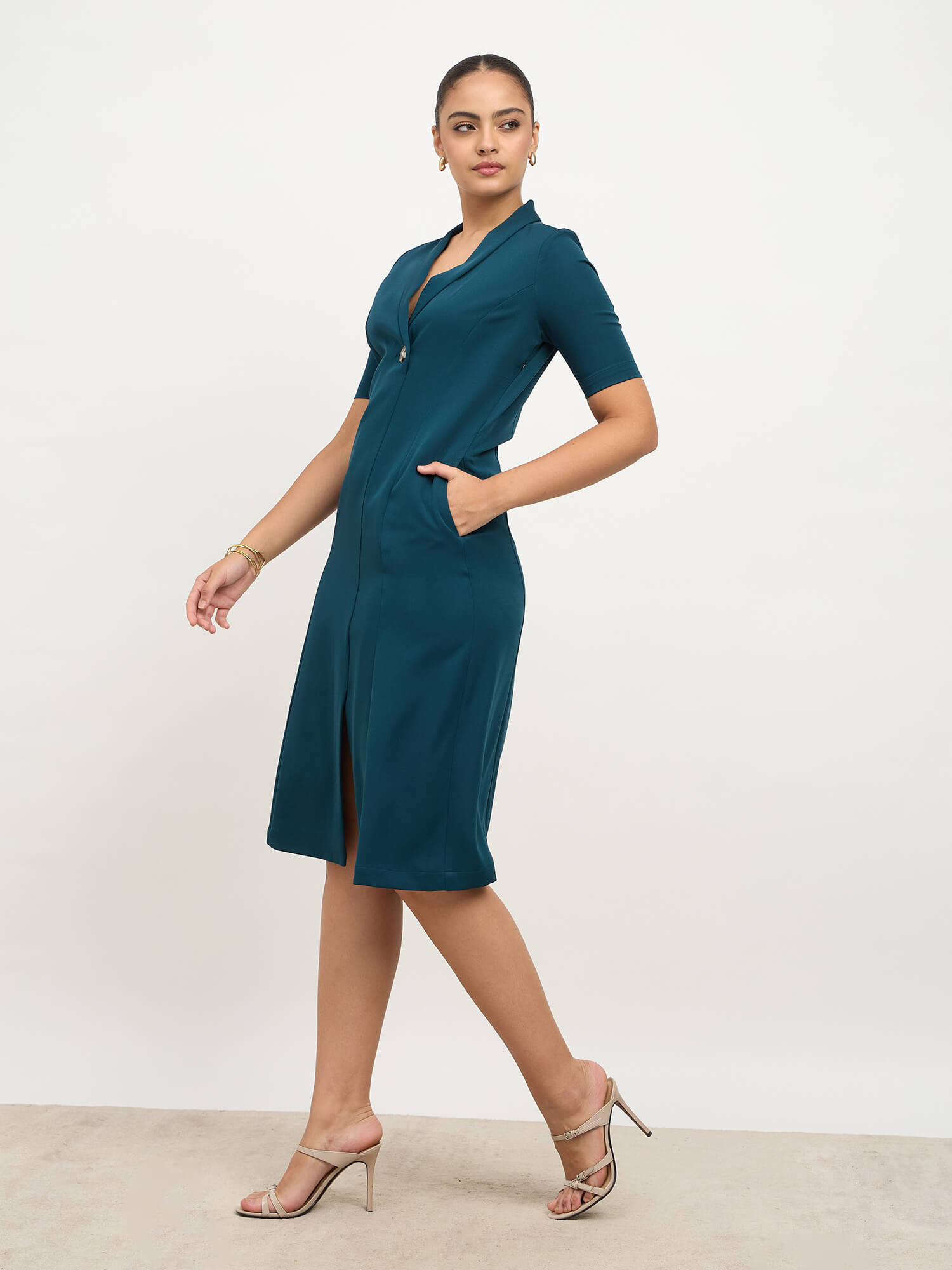 Stalwart Shawl Collared Dress-Teal