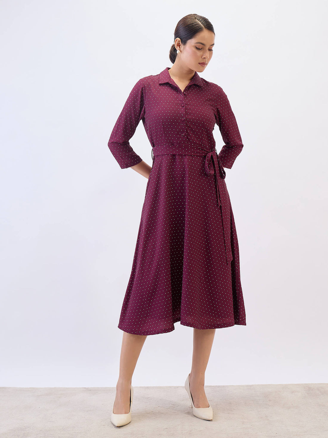 Nico Shirt Collar Fit &amp; Flare Dress-Wine