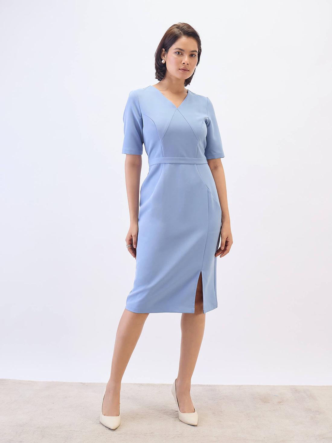Felicity Panelled Sheath Dress-Dusty Blue