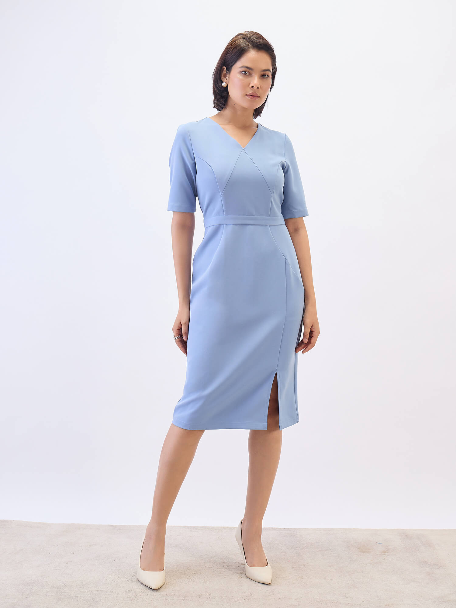 Felicity Panelled Sheath Dress-Dusty Blue