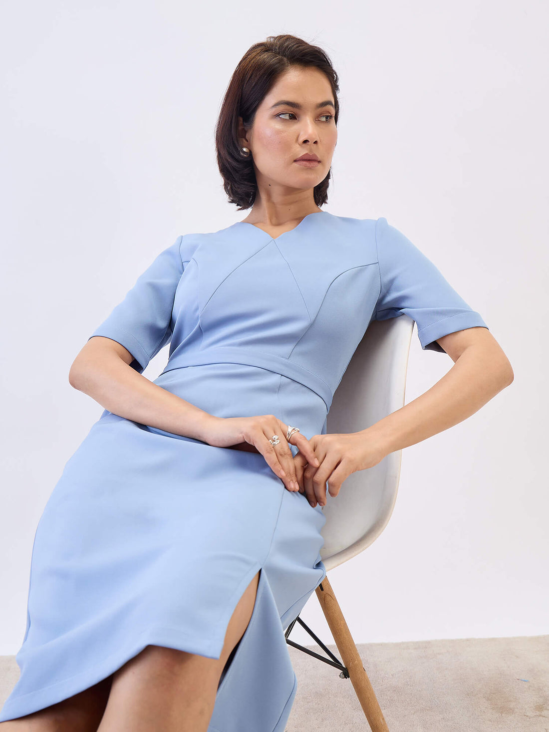 Felicity Panelled Sheath Dress-Dusty Blue