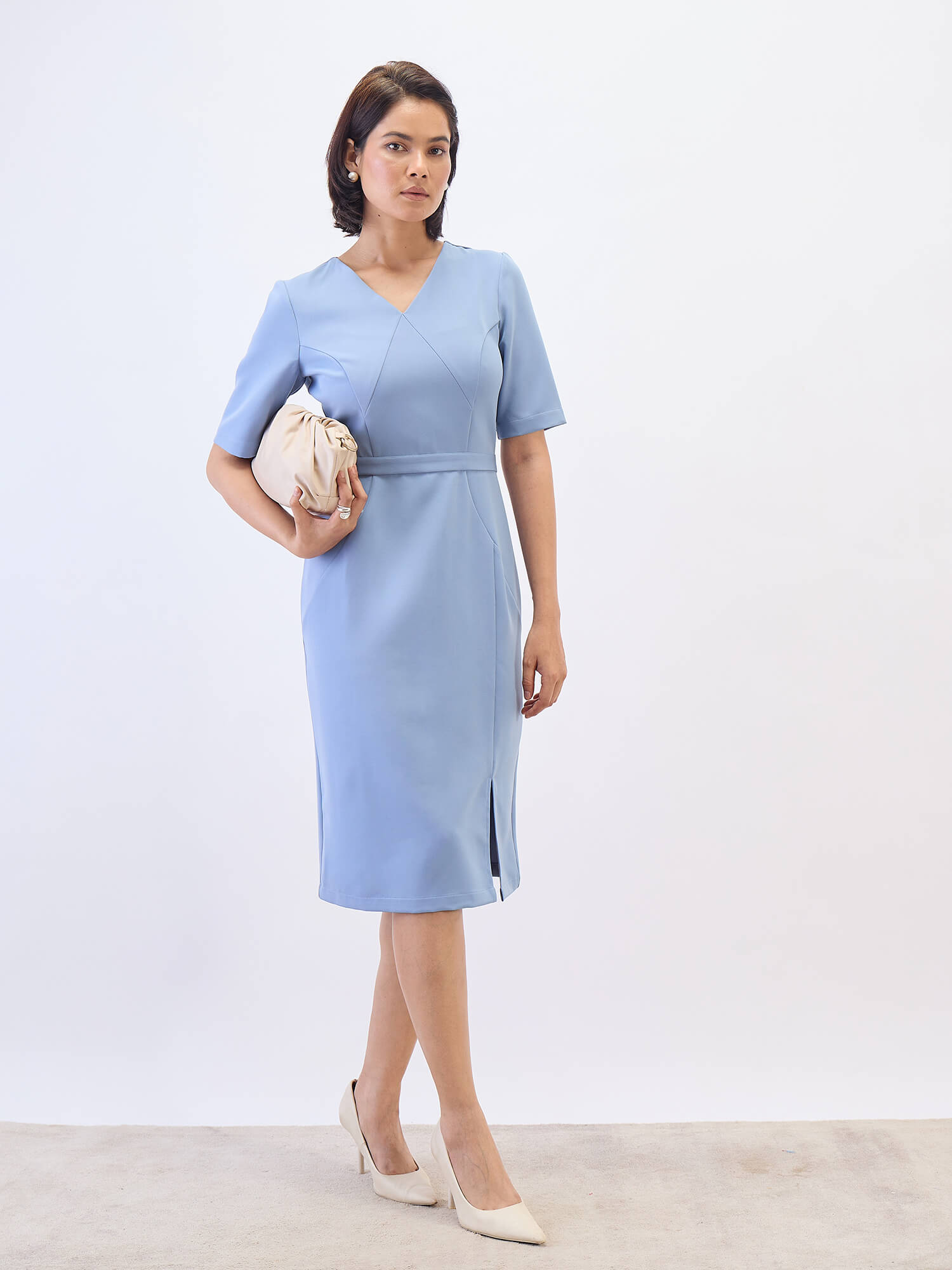 Felicity Panelled Sheath Dress-Dusty Blue