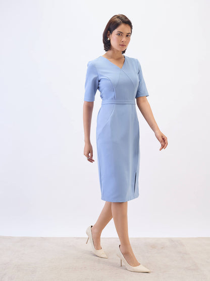 Felicity Panelled Sheath Dress-Dusty Blue