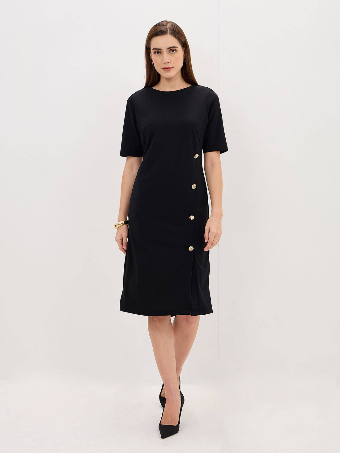 Claudia Metallic Button Detail Shift Dress-Jet Black