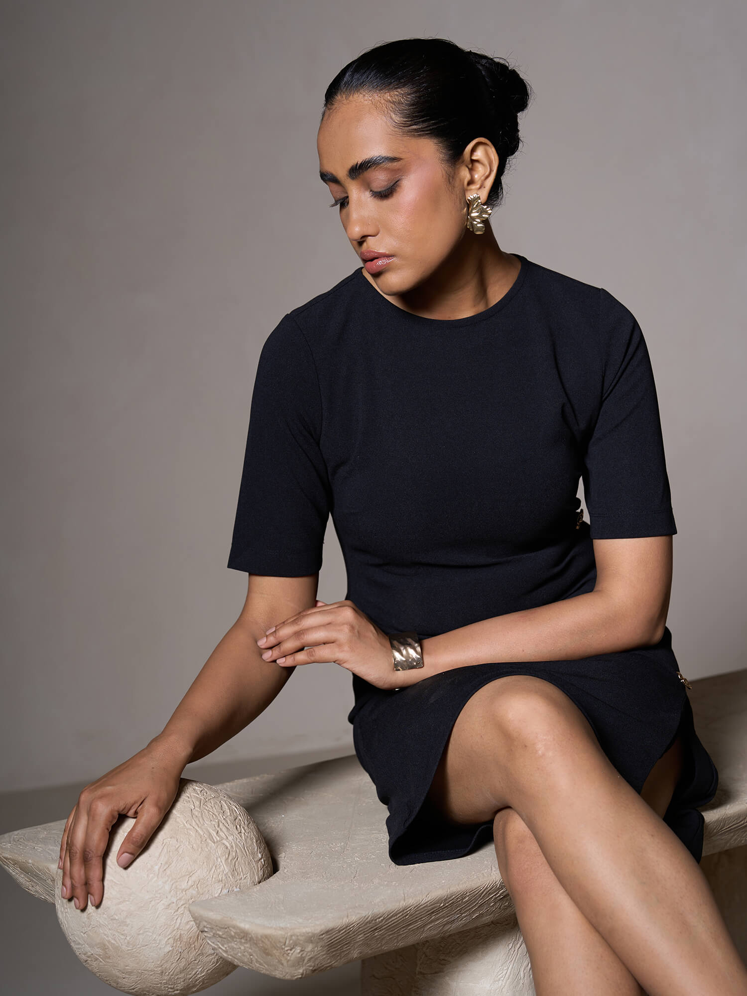 Claudia Metallic Button Detail Shift Dress-Black - SALT Attire