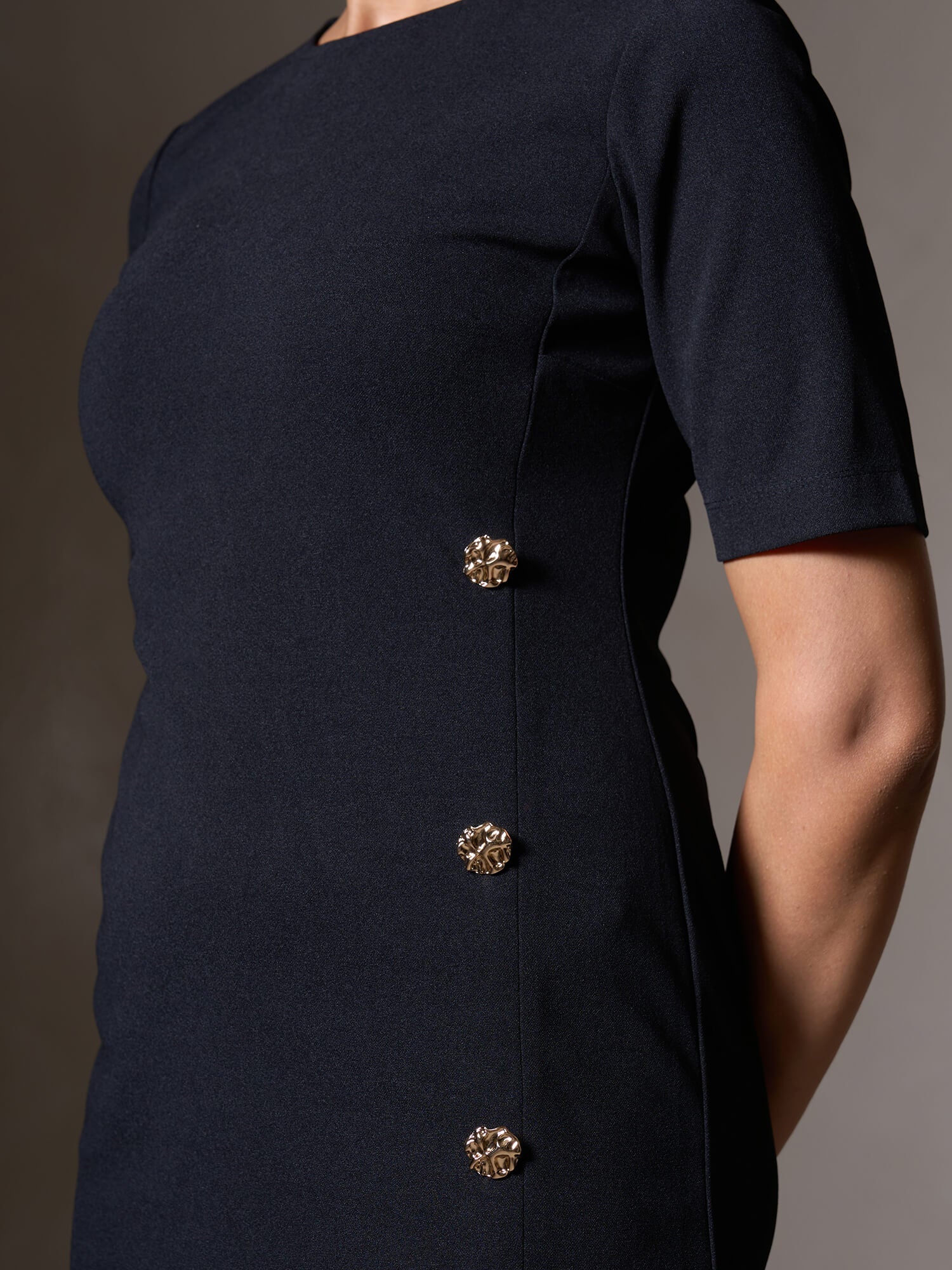 Claudia Metallic Button Detail Shift Dress-Black