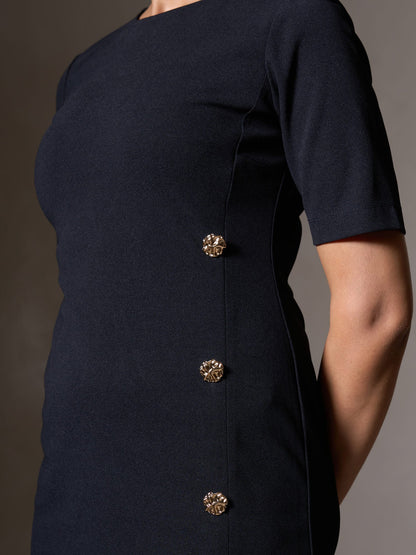 Claudia Metallic Button Detail Shift Dress-Black