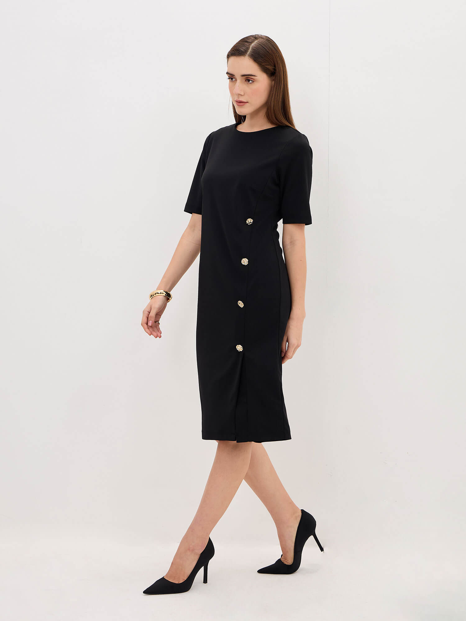 Claudia Metallic Button Detail Shift Dress-Jet Black