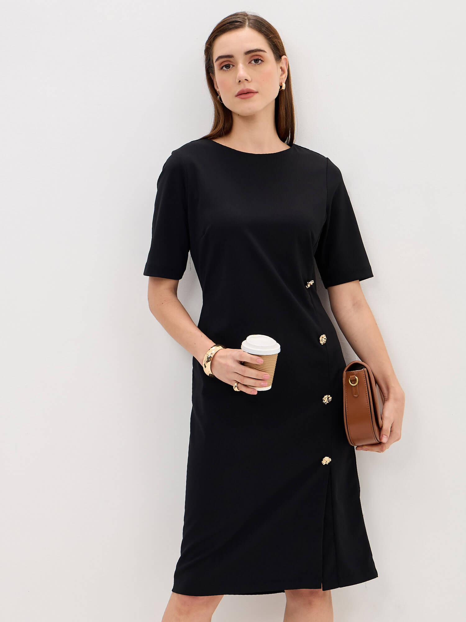 Claudia Metallic Button Detail Shift Dress-Jet Black