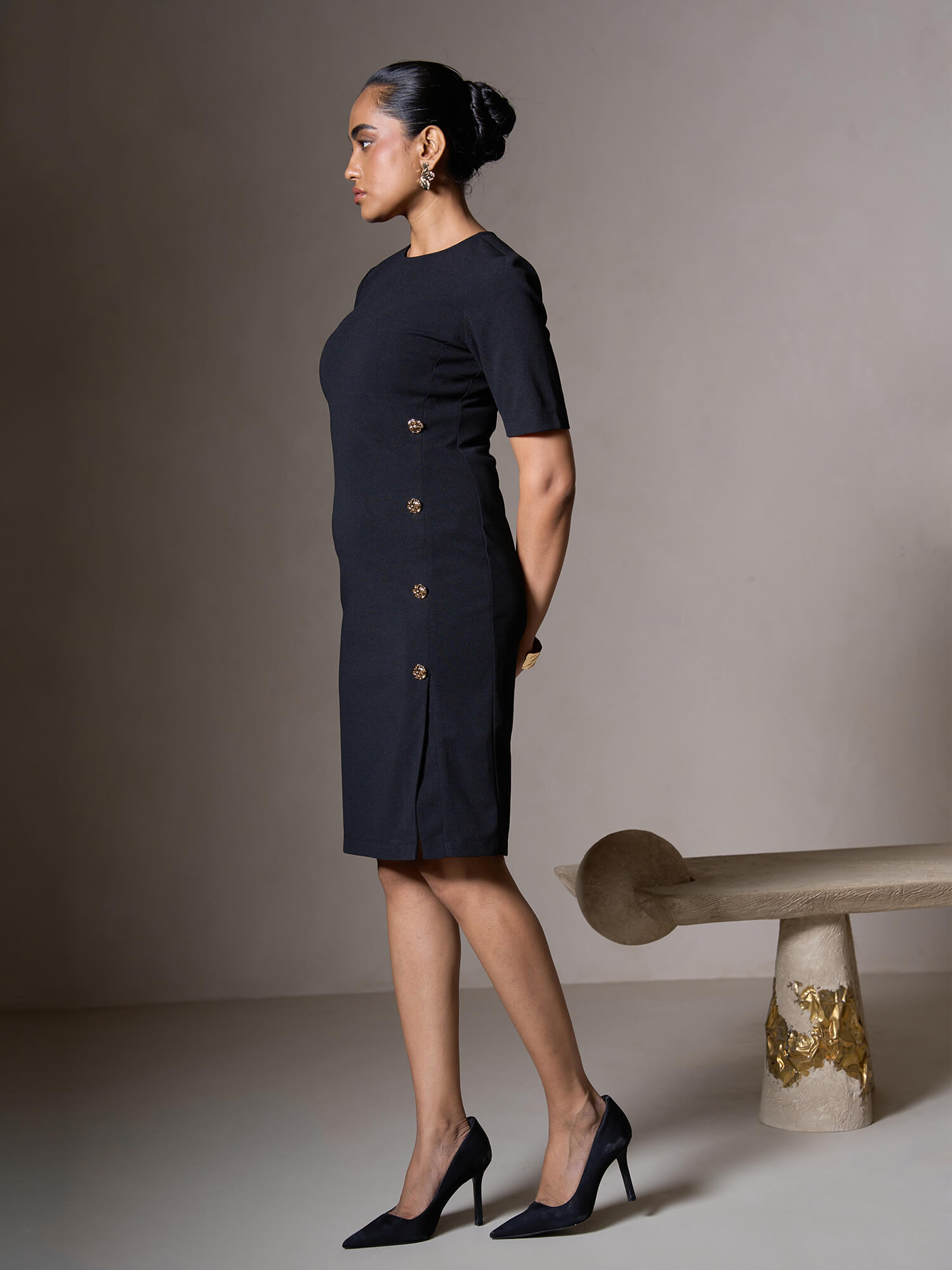 Claudia Metallic Button Detail Shift Dress-Black