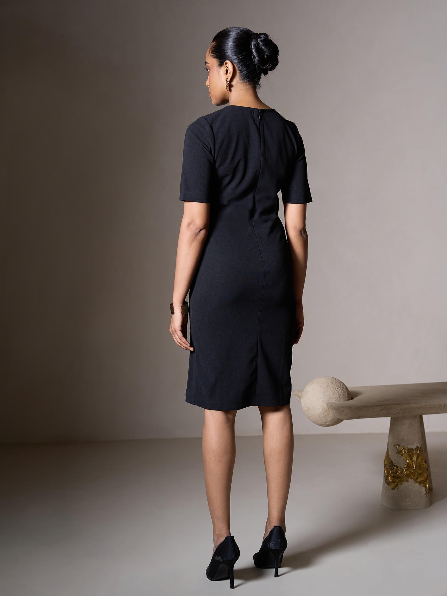 Claudia Metallic Button Detail Shift Dress-Black