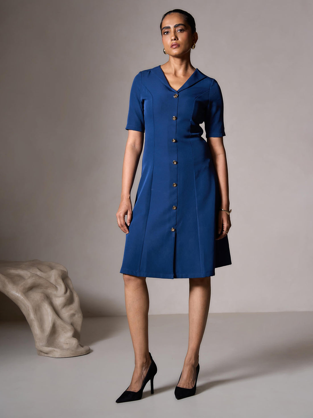 Antonia Metallic Button Down A-line Dress-Teal