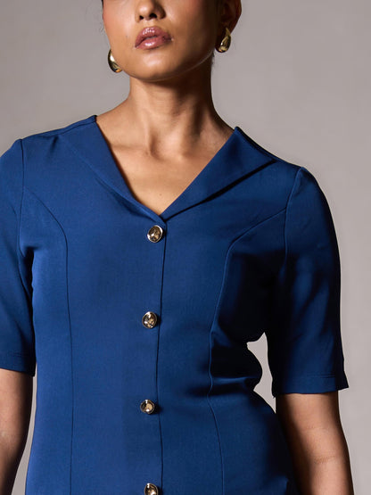 Antonia Metallic Button Down A-line Dress-Teal