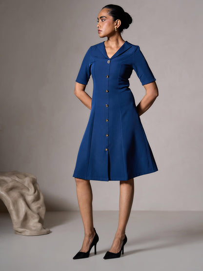 Antonia Metallic Button Down A-line Dress-Teal