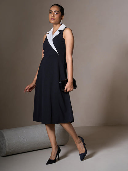 Zion Contrast Collar Midi Dress-Black