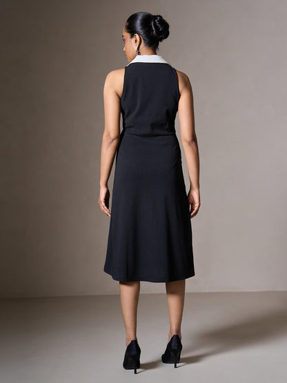 Zion Contrast Collar Midi Dress-Black