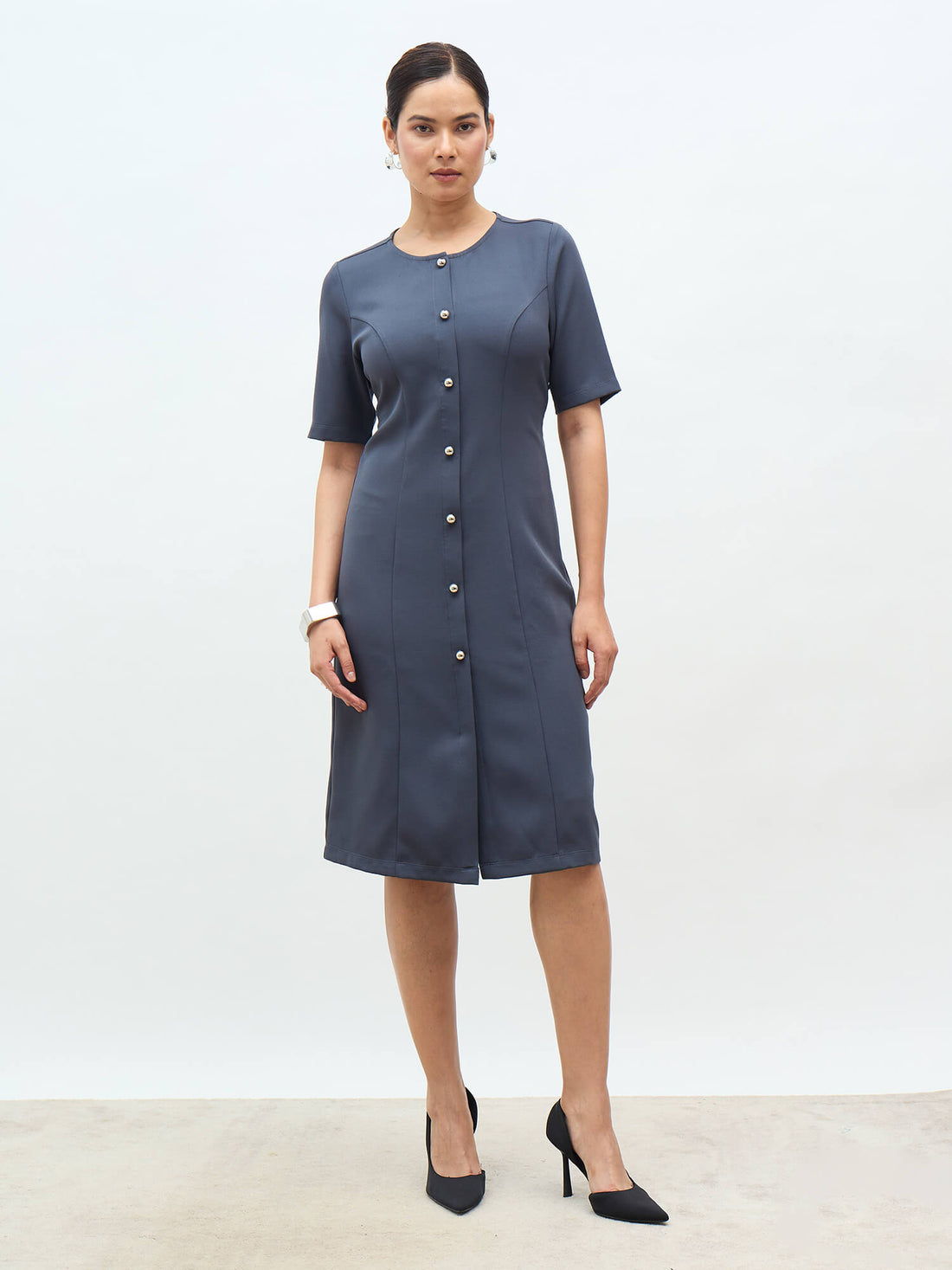 Carmen Faux Button Down Sheath Dress-Grey