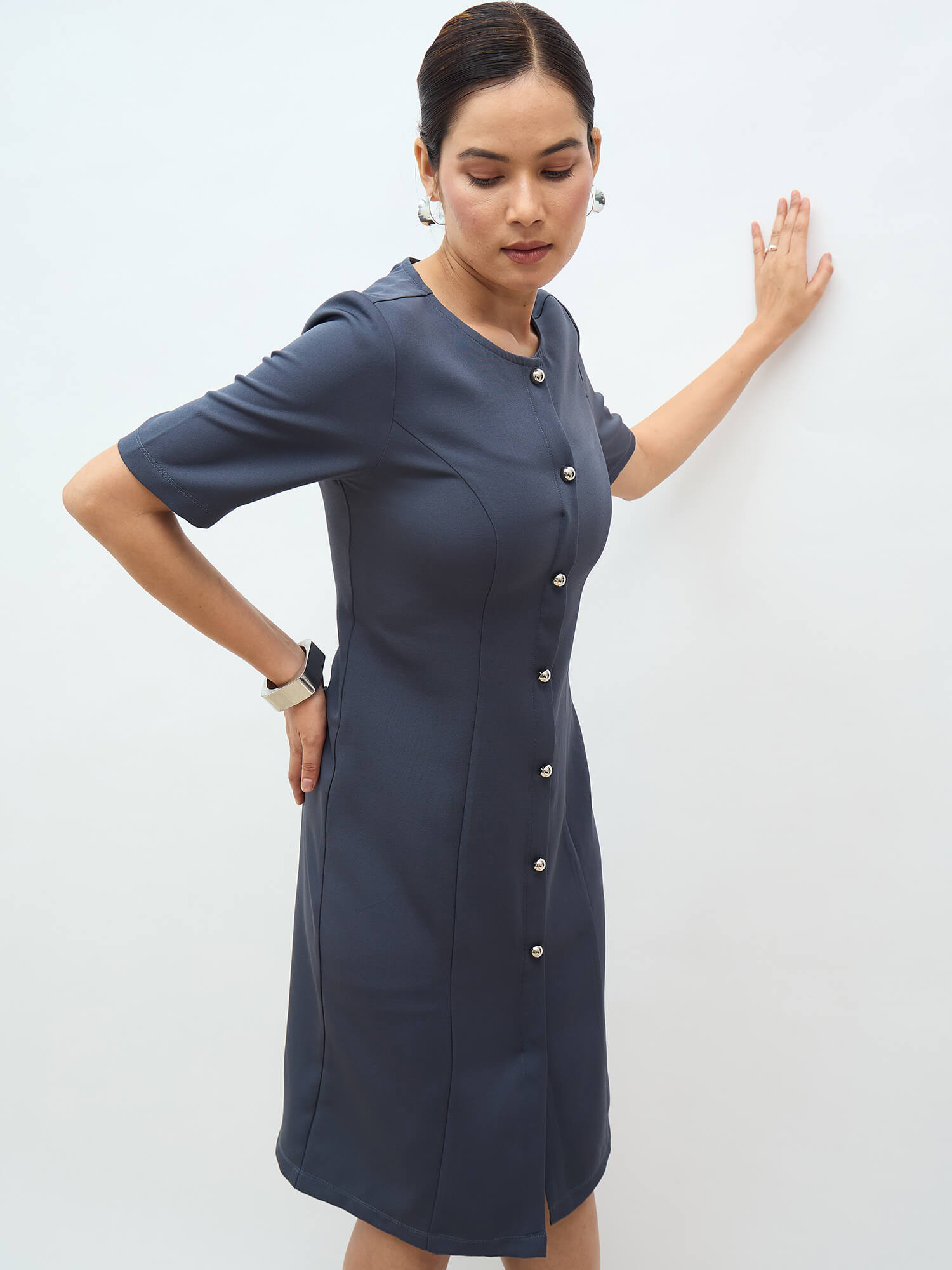 Carmen Faux Button Down Sheath Dress-Grey