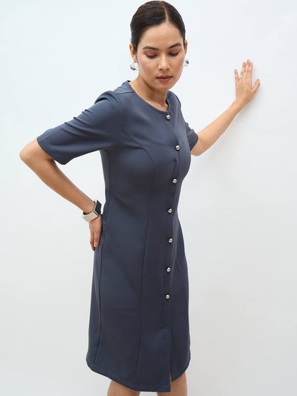 Carmen Faux Button Down Sheath Dress-Grey