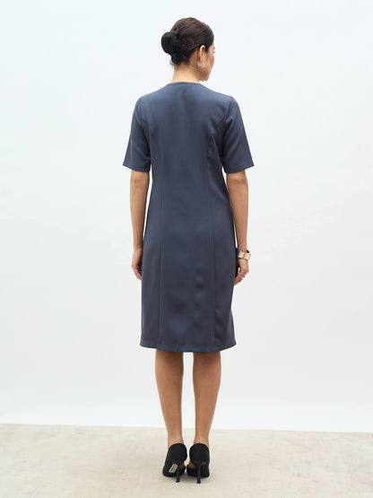 Carmen Faux Button Down Sheath Dress-Grey