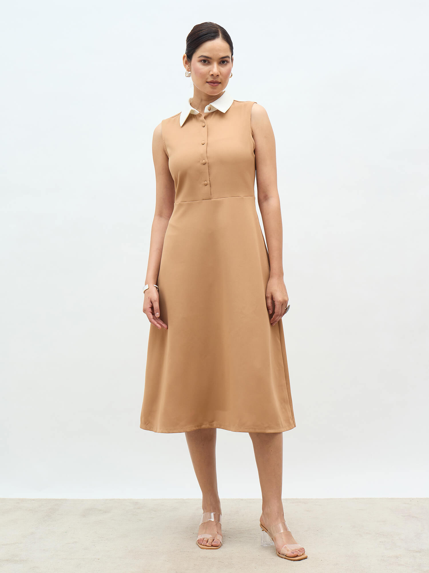Orelia Contrast Detail Fit And Flare Dress-Beige