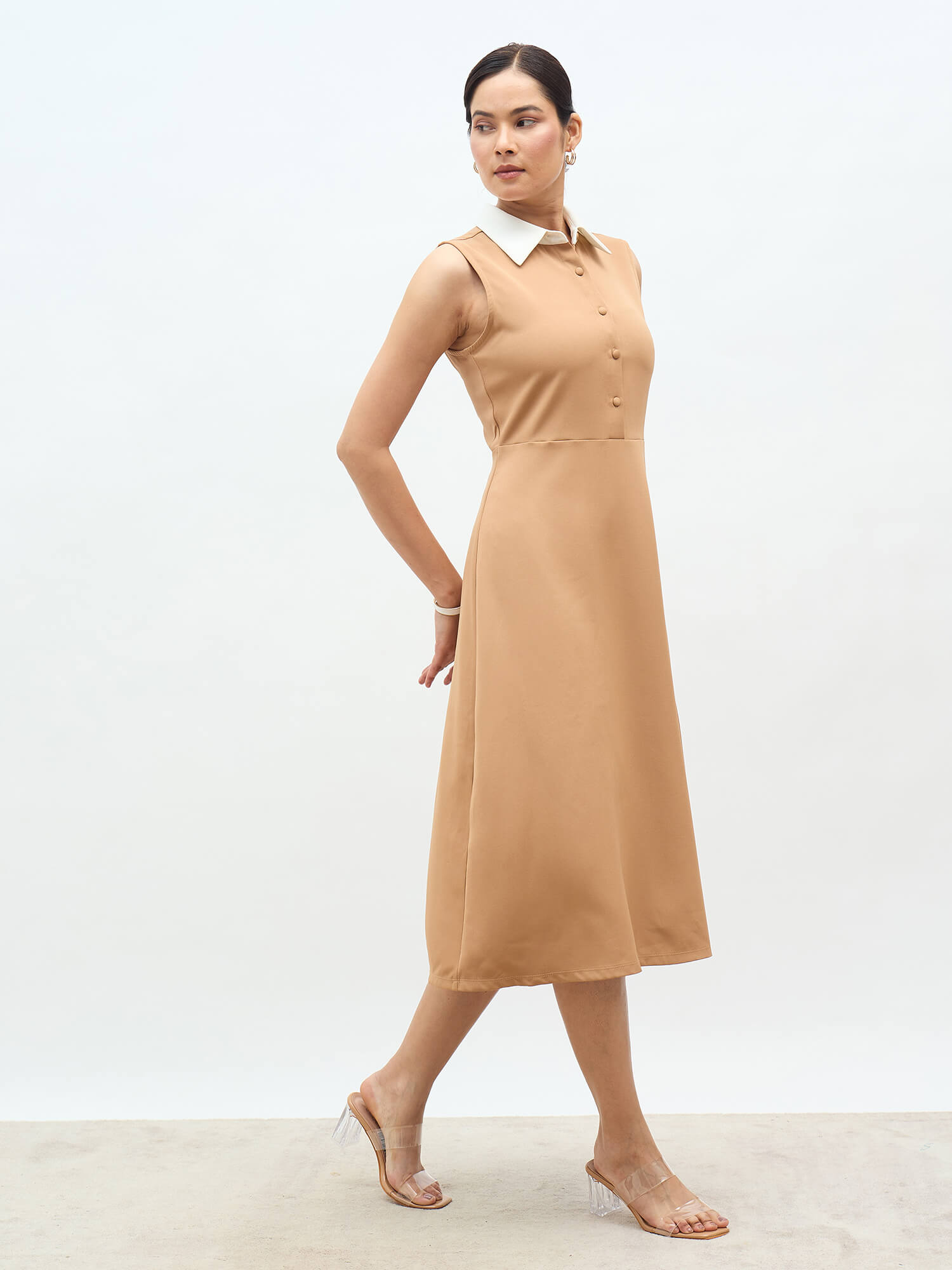 Orelia Contrast Detail Fit And Flare Dress-Beige