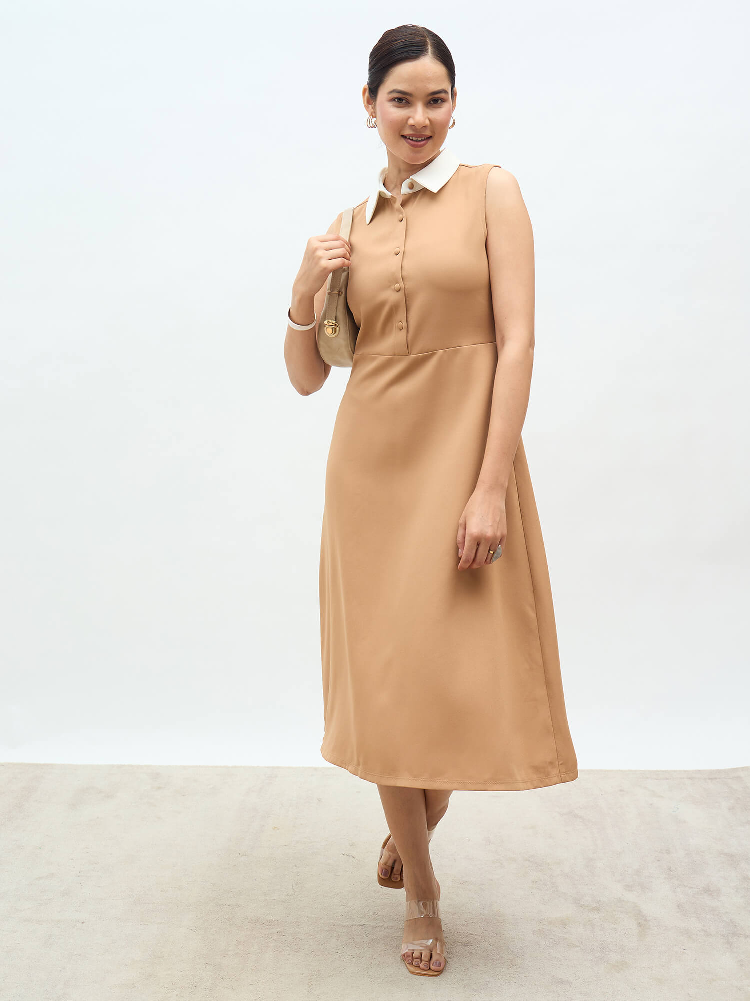 Orelia Contrast Detail Fit And Flare Dress-Beige