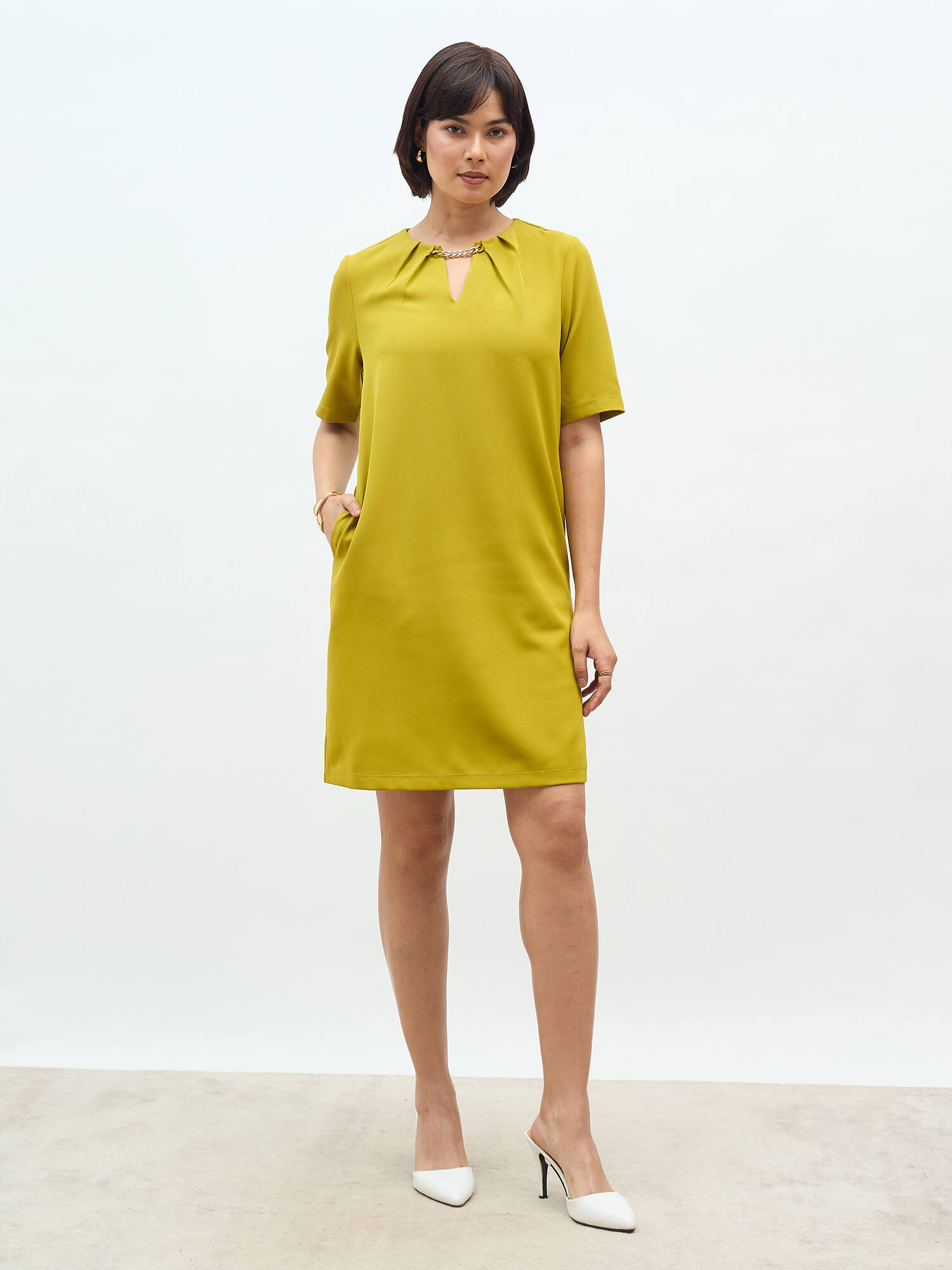 Buy Helena Metallic Chain Shift Dress-Lime Green Color | Dress for Women | SALT Attire Buy Helena Metallic Chain Shift Dress-Lime Green Color | Dress for Women | SALT Attire